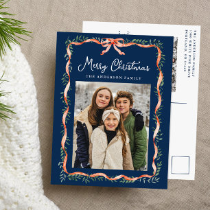 Cartão Postal De Festividades Elegante Fita Vermelha e Marinho Verde 2 Foto