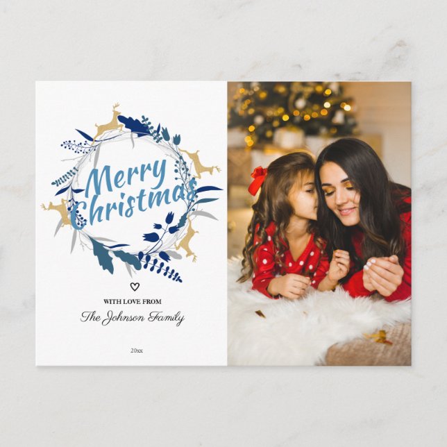 Cartão Postal De Festividades Elegante Flor de Natal com Rena para Foto (Frente)