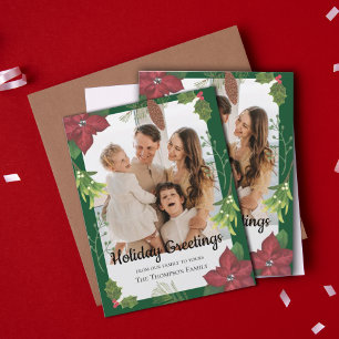 Cartão Postal De Festividades Elegante Foto de Família com Flor Vermelha de Nata