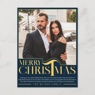 Cartão Postal De Festividades Elegante Foto de Natal da Família em Azul e Dourad