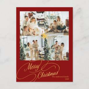 Cartão Postal De Festividades Elegante Foto de Natal em Vermelho e Dourado -