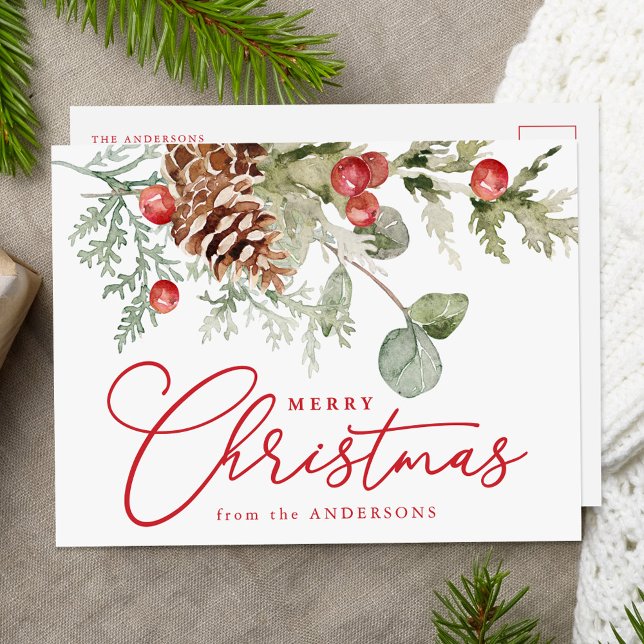 Cartão Postal De Festividades Elegante Holly Berries e Pine Cones Não Foto (Criador carregado)