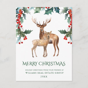 Cartão Postal De Festividades Elegante Holly Deer Christmas Corporate Saudação