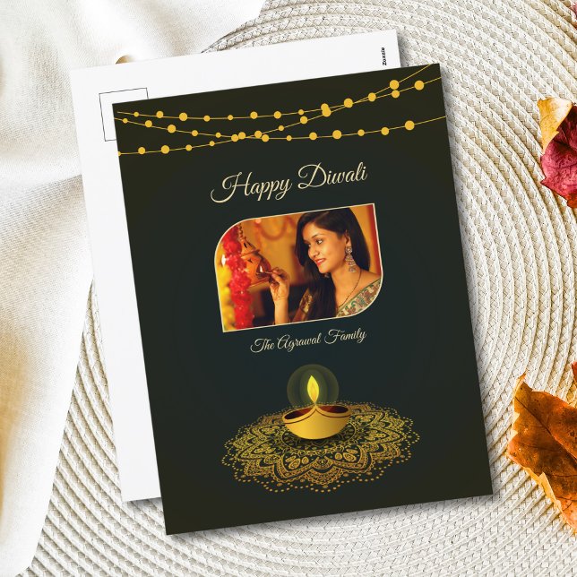 Cartão Postal De Festividades Elegante Mandala Foto Verde Dourado Diwali (Criador carregado)
