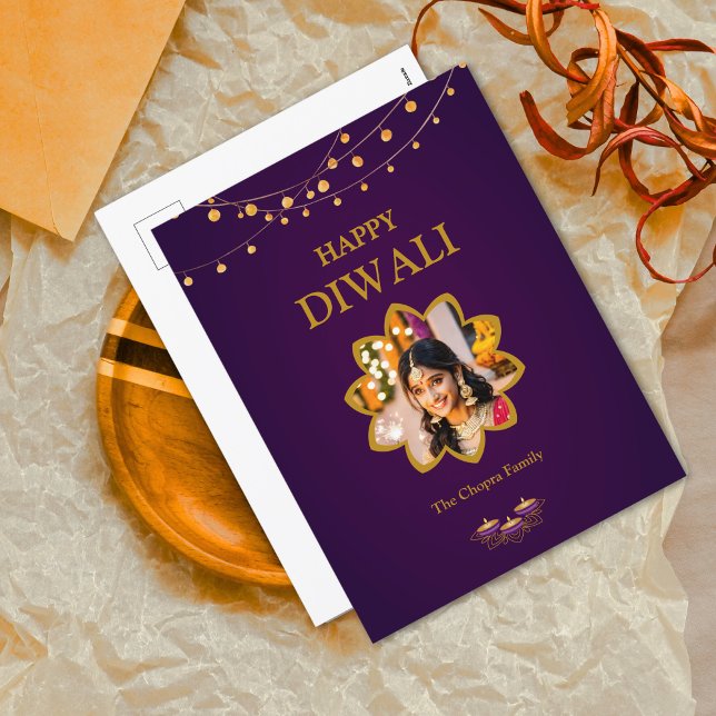 Cartão Postal De Festividades Elegante Mandala personalizado Foto Ouro Roxo diwa (Criador carregado)