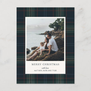 Cartão Postal De Festividades Elegante Natal Foto em Xadrez Azul Marinho e Verde