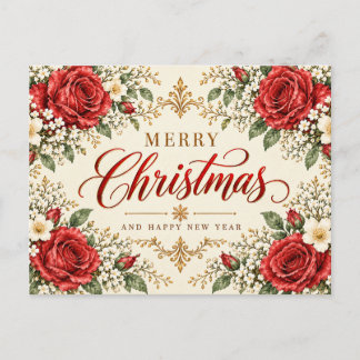 Cartão Postal De Festividades Elegante Poinsettia e Azevinho de Natal Vintage