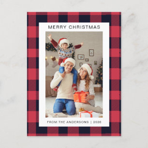 Cartão Postal De Festividades Elegante Red Buffalo Xadrez Família Natal 1 Foto