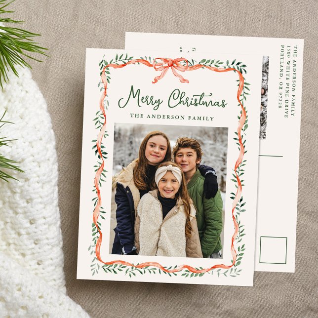 Cartão Postal De Festividades Elegante Red Ribbon e Greenery Cream 2 Foto (Criador carregado)