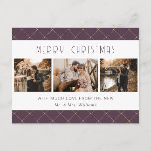Cartão Postal De Festividades Elegante Roxo Dourado Foto Recém-Casados