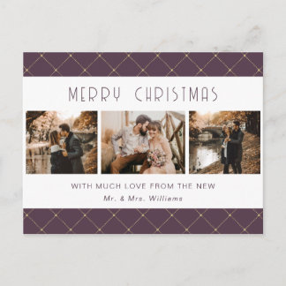 Cartão Postal De Festividades Elegante Roxo Dourado Foto Recém-Casados