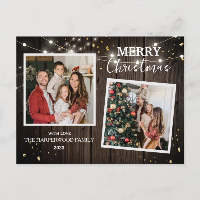 Cartão Postal De Festividades Elegante Rustic Wood Christmas Family 2 Photo (Frente)