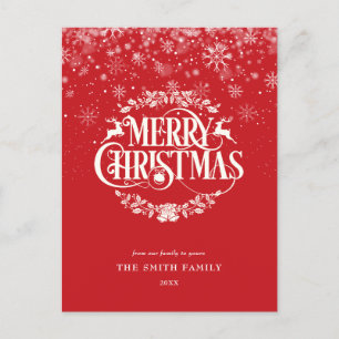Cartão Postal De Festividades Elegante Simples Natal Vermelho Flocos de Neve 