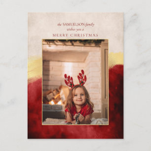 Cartão Postal De Festividades Elegante Vermelho Artisan com Foto Dourada do Traç