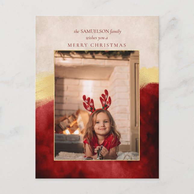 Cartão Postal De Festividades Elegante Vermelho Artisan com Foto Dourada do Traç (Frente)