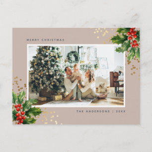 Cartão Postal De Festividades Elegante Watercolor Holly Berries Foto