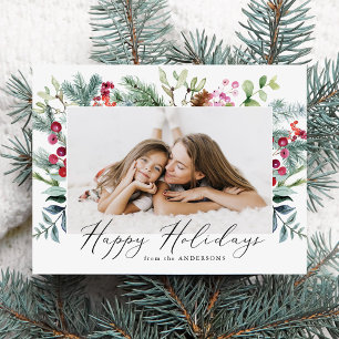 Cartão Postal De Festividades Elegante Watercolor Purple Berries & Greenery Foto