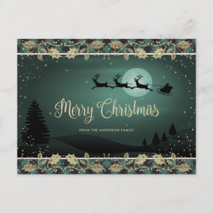 Cartão Postal De Festividades Elegante Xadrez Verde Holly Papais noeis Reindeer