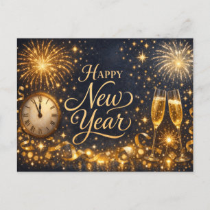 Cartão Postal De Festividades Elegantes Fogos de Ouro à Meia-Noite Feliz Ano Nov
