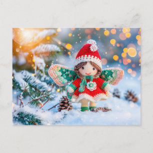 Cartão Postal De Festividades Elfo de Natal Crochê na Neve com Pinhas