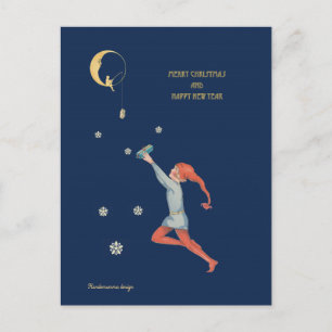 Cartão Postal De Festividades Elfo de Natal, lua e presente - noite azul escura