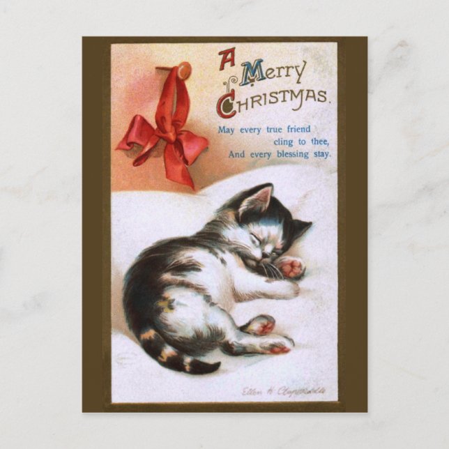 Cartão Postal De Festividades Ellen H. Clapsaddle: Kitten de Natal (Frente)