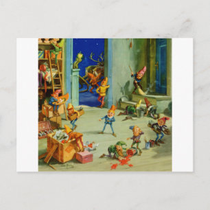 Cartão Postal De Festividades Elves de papais noeis trabalhando em sua oficina s