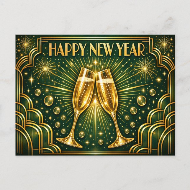 Cartão Postal De Festividades Emerald Gold Art Deco Champagne Celebration (Frente)