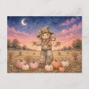 Cartão Postal De Festividades Encantador Espantalho de Halloween Fofo com Coruja