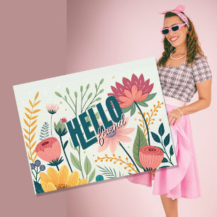 Cartão Postal De Festividades Encantadora Tipografia Floral Botânica Olá Amigo