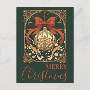 Cartão Postal De Festividades Enfeite de Natal Vermelho e Bege Art Nouveau