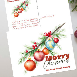 Cartão Postal De Festividades Enfeite de Pinheiro em Aquarela Natal Clássico em