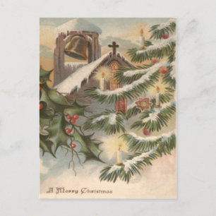 Cartão Postal De Festividades Enfeite de Vela de Árvore de Natal Holly Igreja