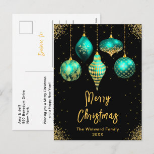 Cartão Postal De Festividades Enfeites Azul-turquesa e Dourado Feliz Natal