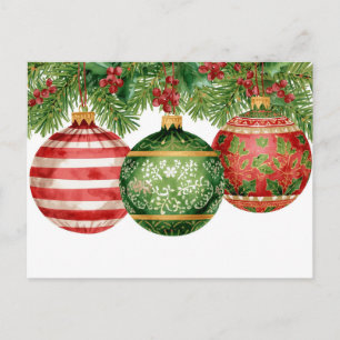 Cartão Postal De Festividades Enfeites de Aquarela Galhos de Pinheiro Natal