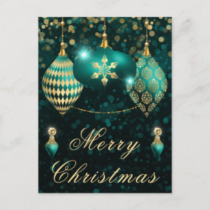 Cartão Postal De Festividades Enfeites de Natal brilhantes Azul-petróleo & Doura