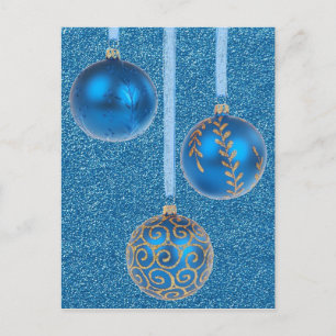 Cartão Postal De Festividades Enfeites de Natal Dourado Azul Brilho