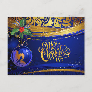 Cartão Postal De Festividades Enfeites de natal Dourado azul Holly de Natal