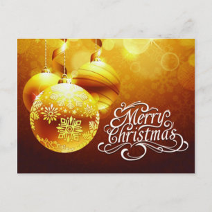 Cartão Postal De Festividades Enfeites de Natal Dourados e Brancos Feliz Natal