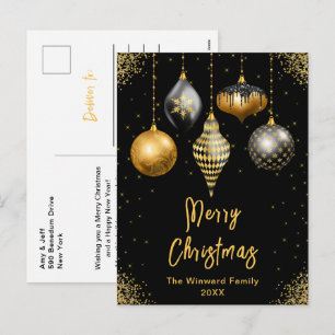 Cartão Postal De Festividades Enfeites Preto e Dourado Feliz Natal