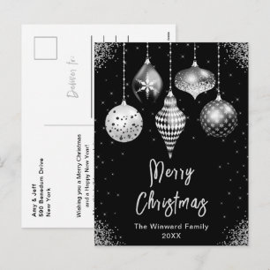 Cartão Postal De Festividades Enfeites Preto e Prata Feliz Natal