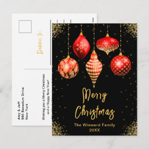 Cartão Postal De Festividades Enfeites Vermelhos e Dourados Feliz Natal