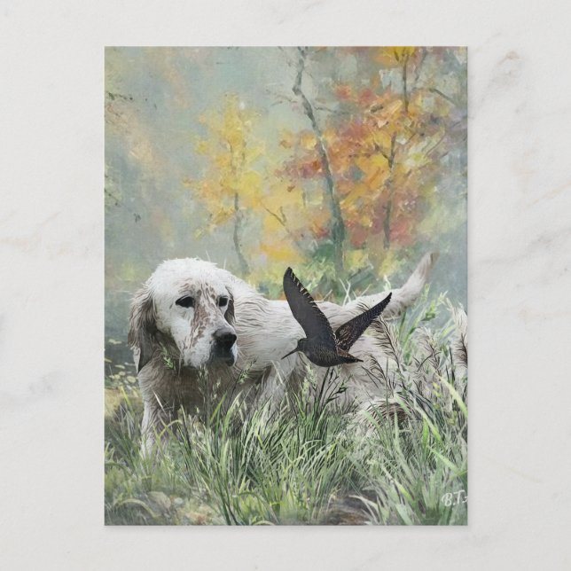 Cartão Postal De Festividades English Setter , época de caça à galinha, Art (Frente)