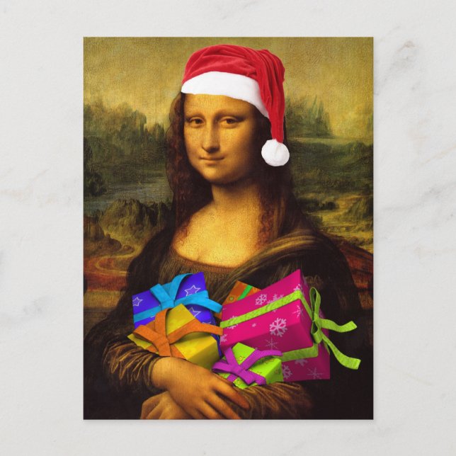 Cartão Postal De Festividades Engraçado Mona Lisa Santa Claus (Frente)