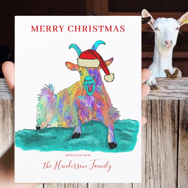 Cartão Postal De Festividades Engraçado Natal Gritando o Orçamento de Capuz (Funny Christmas screaming goat wearing a Santa hat custom holiday greetings card colorful animal art)