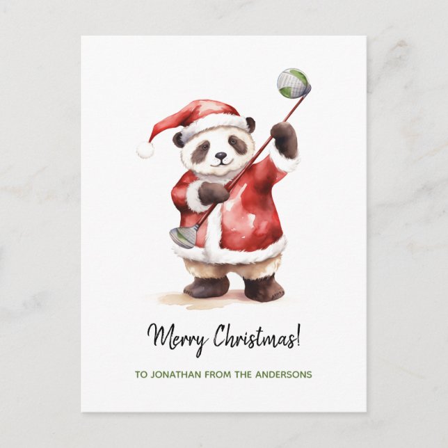 Cartão Postal De Festividades Engraçado Panda jogando golfe no Natal (Frente)