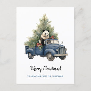 Cartão Postal De Festividades Engraçado Panda no Blue Retro Truck Xmas