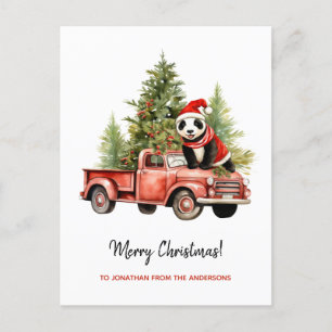 Cartão Postal De Festividades Engraçado Panda no Red Retro Van Xmas