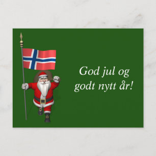Cartão Postal De Festividades Engraçado Papai Noel Com Bandeira Da Noruega