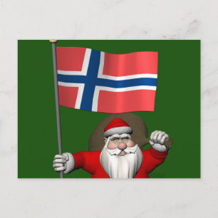 Cartão Postal De Festividades Engraçado Papai Noel Com Bandeira Da Noruega